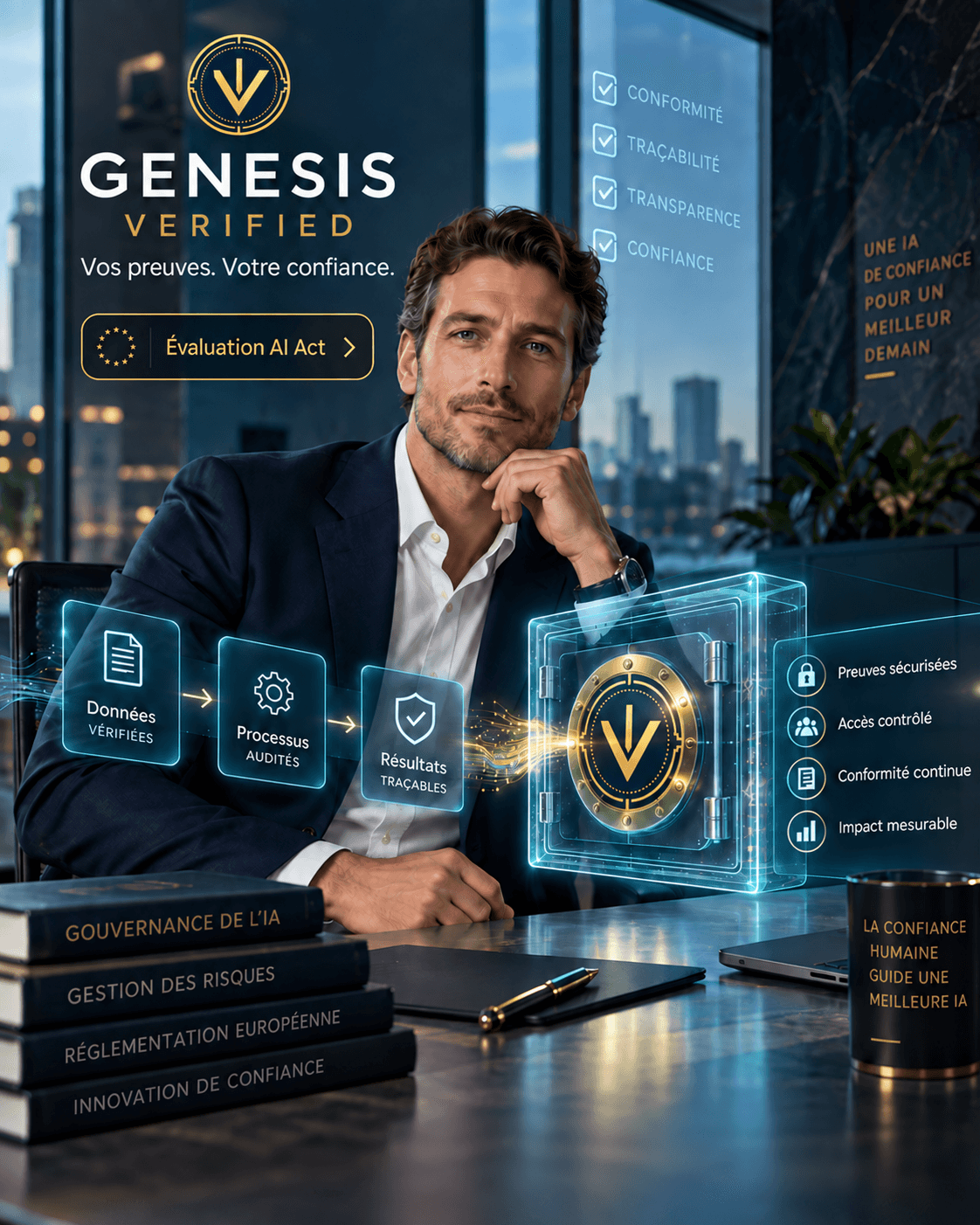 Équipe Genesis Verified examinant un tableau de conformité